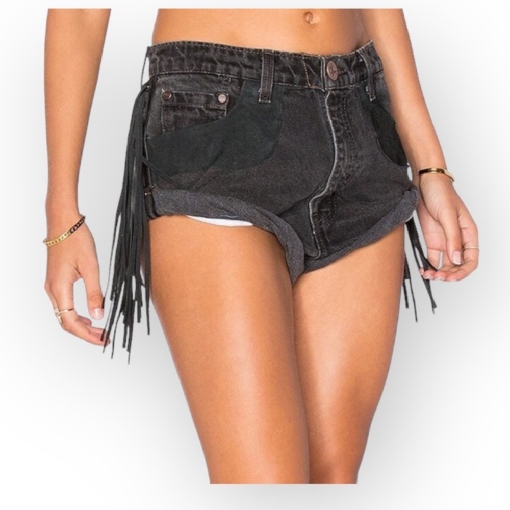One Teaspoon Black Denim Fringe Shorts